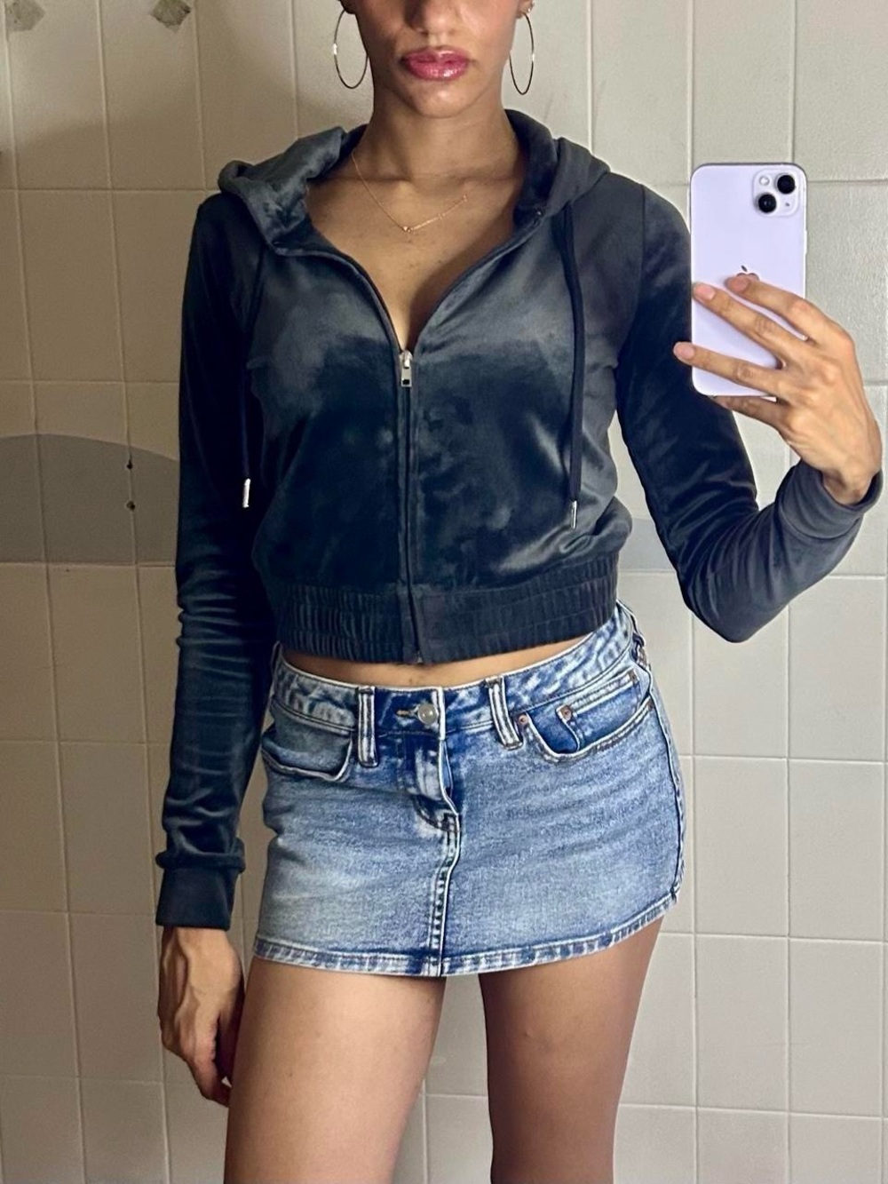 Cropped Gray Velvet Zip-Up Hoodie Jacket